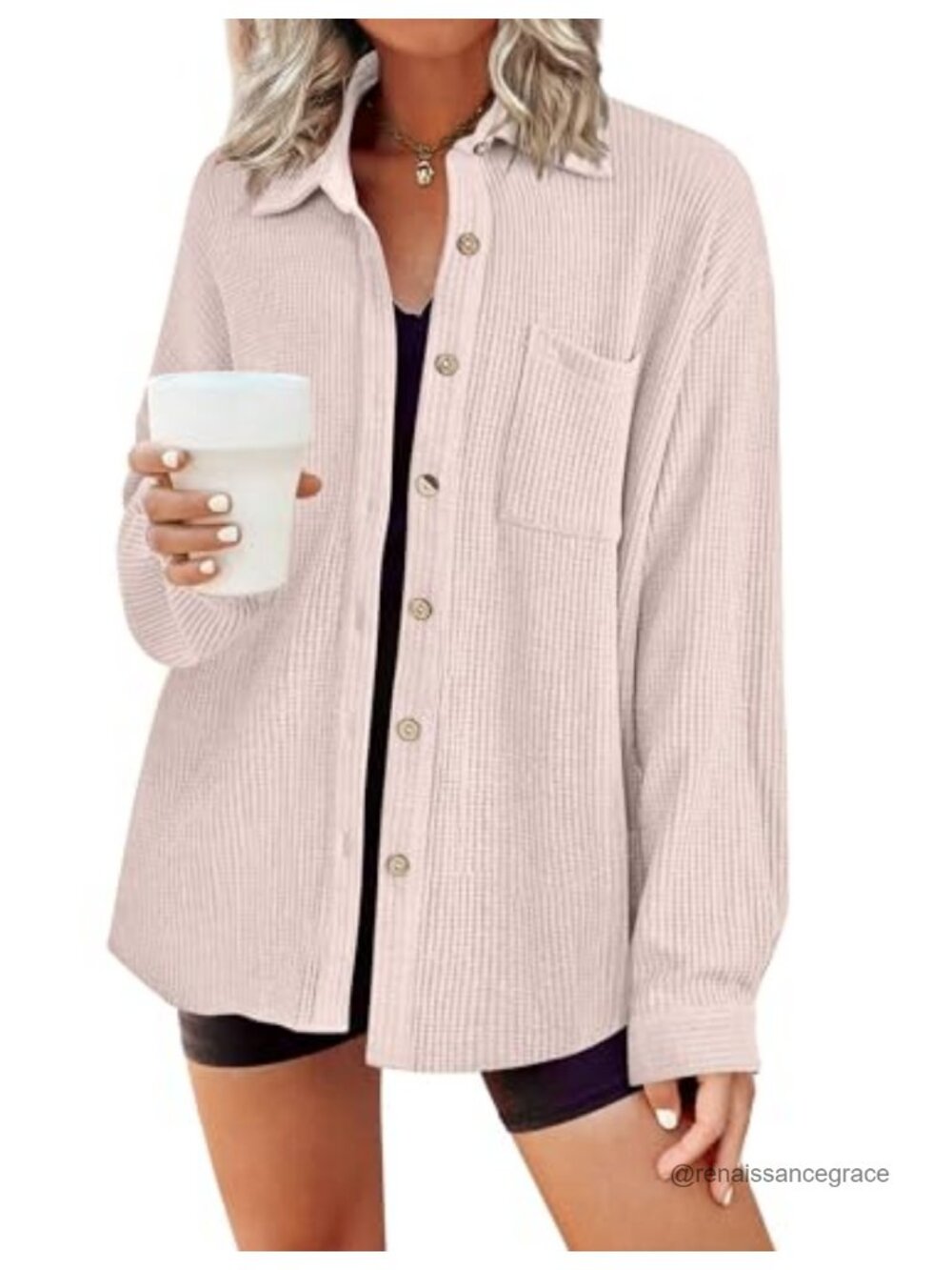 Waffle Button Down Shirt Long Sleeve Lightweight Knit Shacket